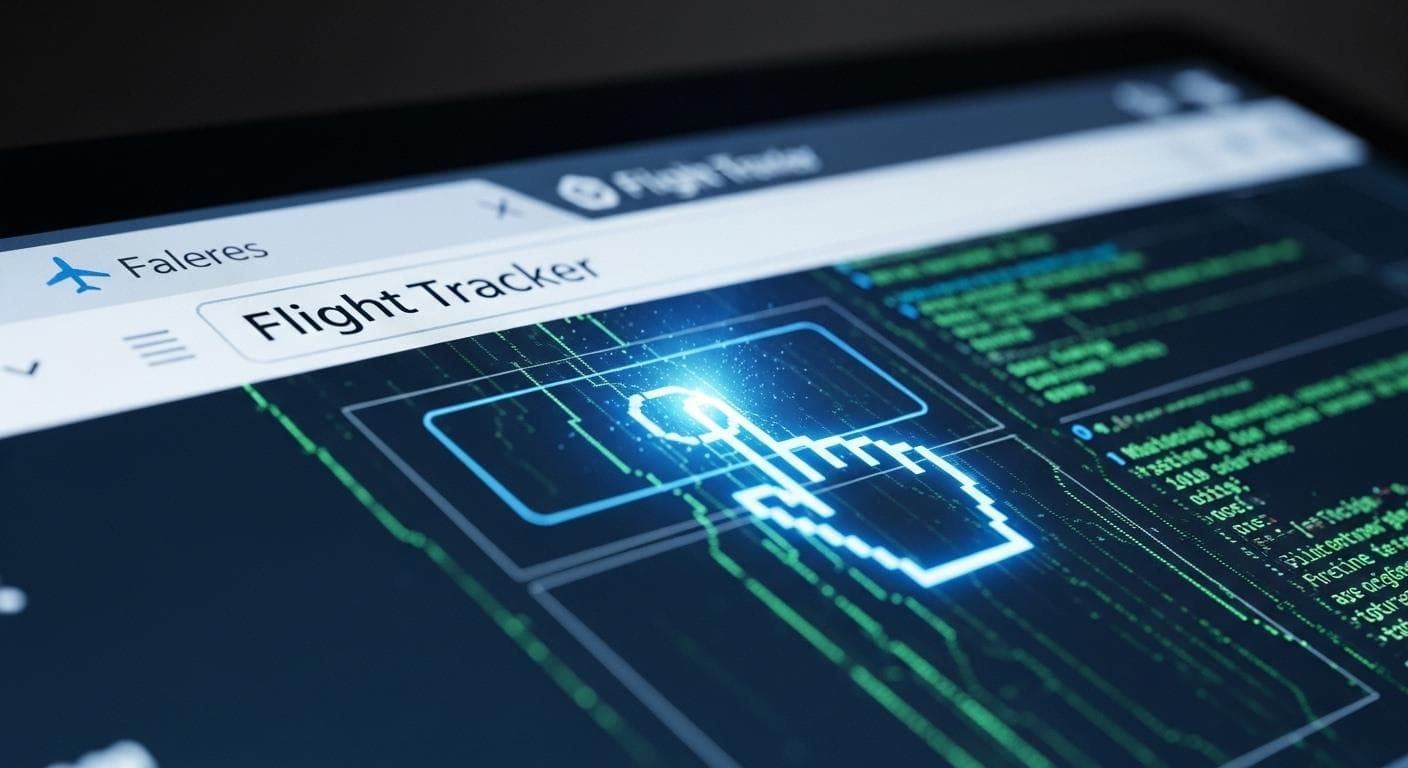 A dramatic, cinematic shot of a web browser displaying a flight tracker application at night. A glowing blue cursor, representing the AI agent, is autonomously interacting with the UI, clicking buttons and entering text to test the application.