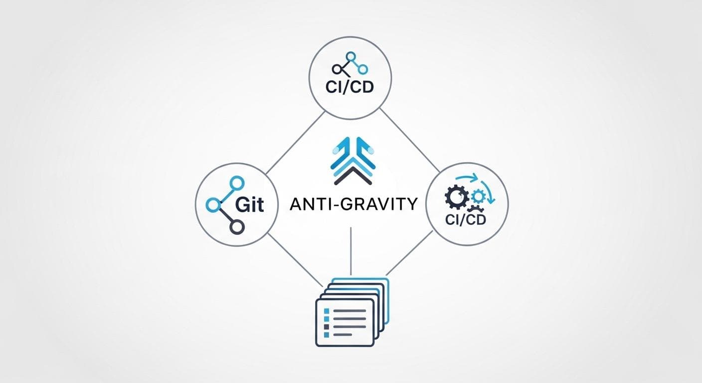 An illustration showing the Anti-Gravity logo connected to other developer tool logos like Git, Jenkins, and Jira, demonstrating its integration into a modern CI/CD pipeline and development ecosystem.