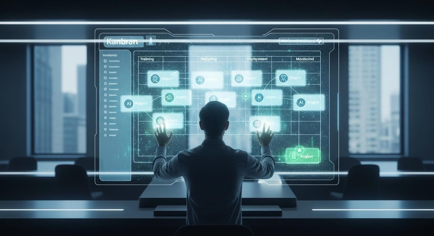 A conceptual image of a developer orchestrating multiple AI agents on a large holographic interface, symbolizing the high-level management role in agent-first development.