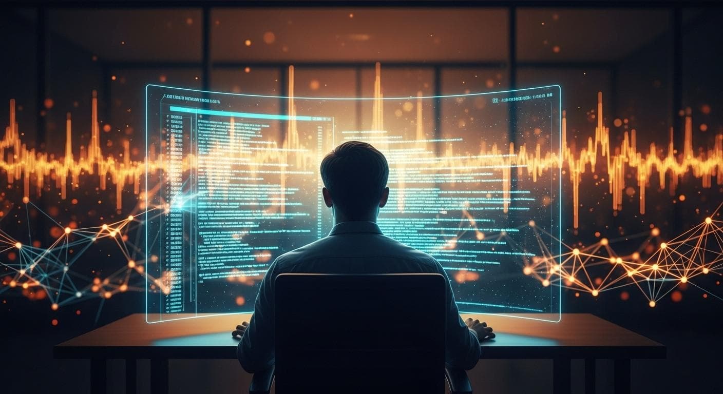 A conceptual image of a software developer, seen from behind, looking at a large, transparent screen displaying complex code. In the background, glowing network lines represent the AI agent's autonomous work.