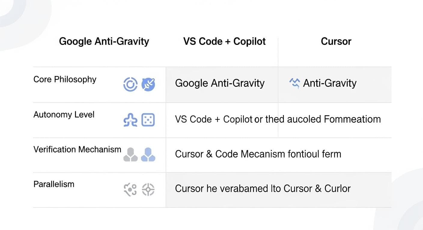 A clean and modern comparison chart graphic that compares Google Anti-Gravity, VS Code + GitHub Copilot, and Cursor across key features like Autonomy, Verification, Workflow, and Integration.