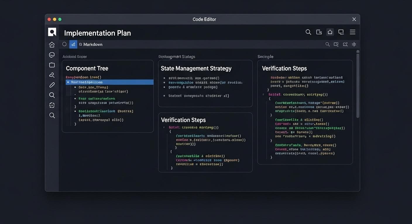 A professional-looking technical document titled 'Implementation Plan' on a sleek, dark-themed screen. The document contains sections for Components, State Management, and Verification Strategy, all generated by an AI agent.
