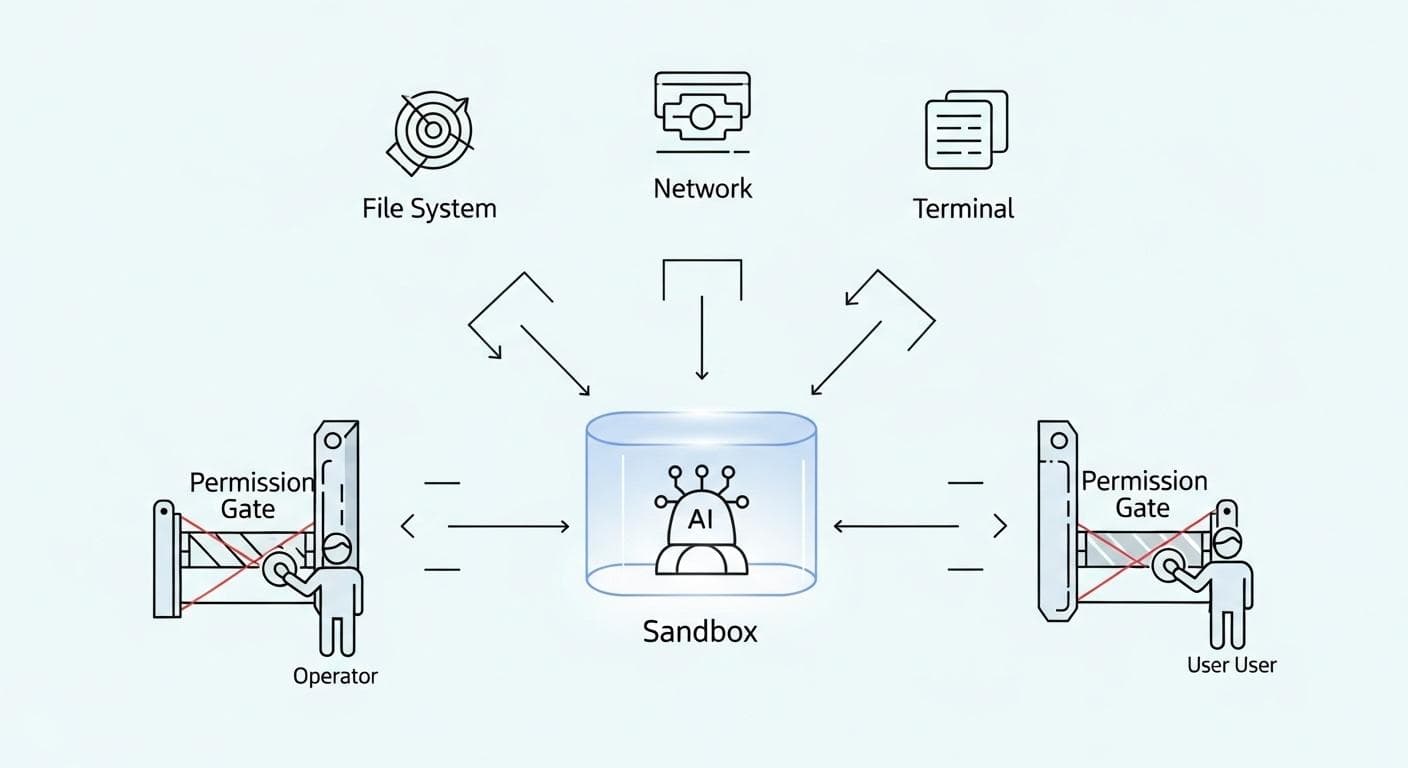 A diagram illustrating the security model of Anti-Gravity, showing an AI agent operating within a secure sandbox with clearly defined, user-approved permissions for file access, network requests, and terminal commands.