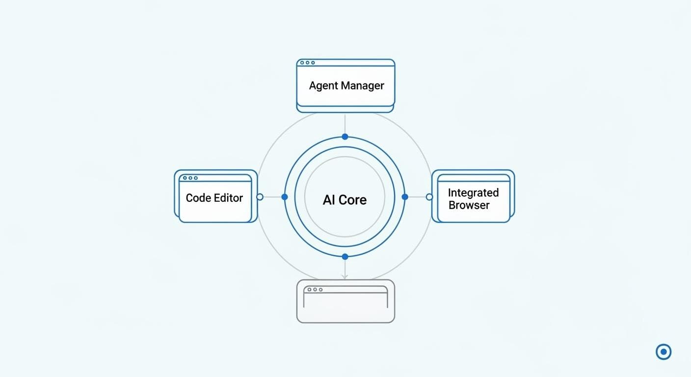 A clean, futuristic diagram illustrating the three core pillars of Google's Anti-Gravity: Agent Manager, Code Editor, and Integrated Browser, all interconnected around a central AI core.