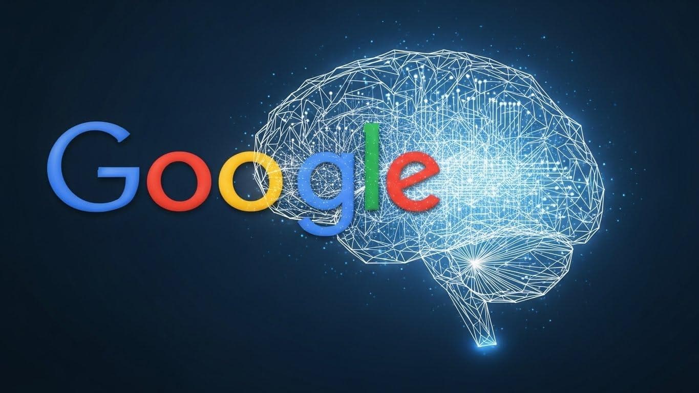 A visual metaphor of the Google logo merging with a glowing, intricate brain icon, symbolizing the 2014 acquisition of DeepMind.