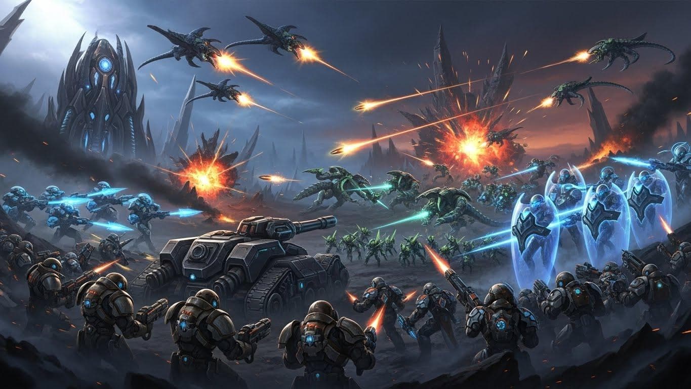 A dynamic scene showing elements of StarCraft II gameplay, with futuristic units battling amidst a digital fog of war.