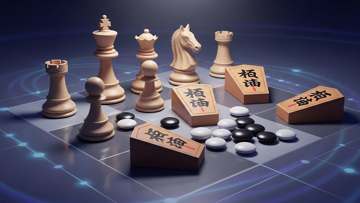 An elegant composition of chess, shogi, and Go pieces arranged together on a single board, representing the multi-game mastery of AlphaZero.