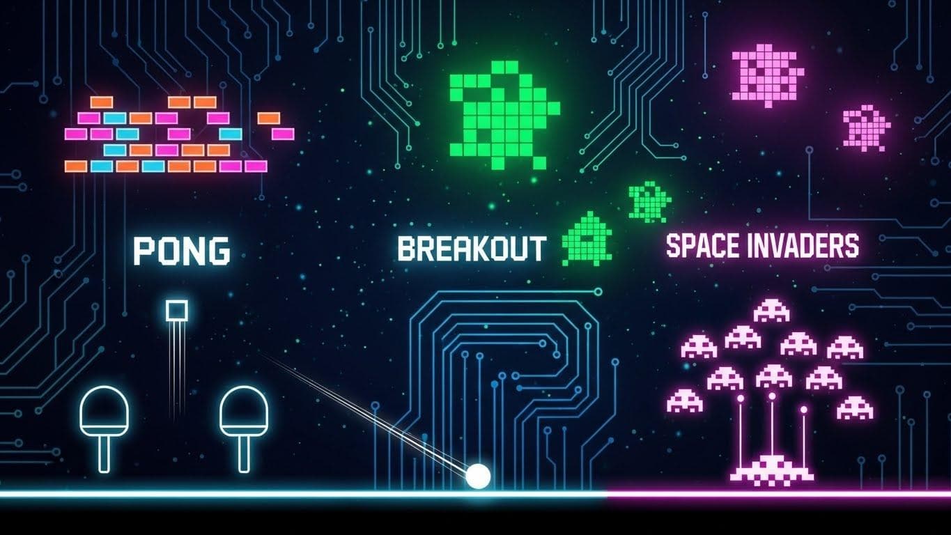 A stylized, modern artistic representation of classic Atari games like Pong, Breakout, and Space Invaders, with glowing pixels and circuit board patterns in the background.