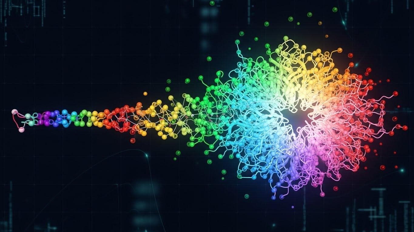 An intricate 3D model of a protein structure unfolding and resolving from a string of amino acids, with glowing points indicating areas of high prediction accuracy.