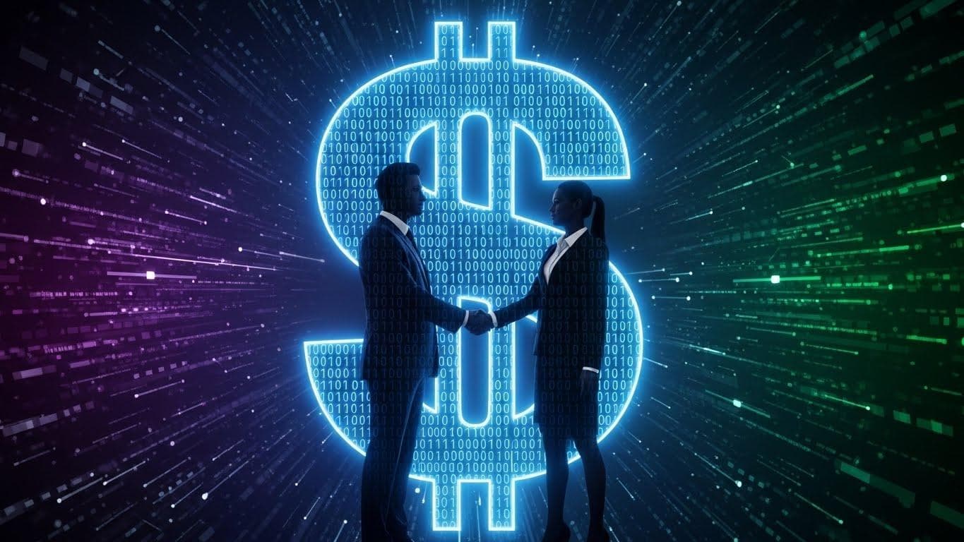 Two stylized figures silhouetted against a giant, glowing dollar sign made of binary code, shaking hands. The scene suggests a high-stakes, futuristic investment in technology.