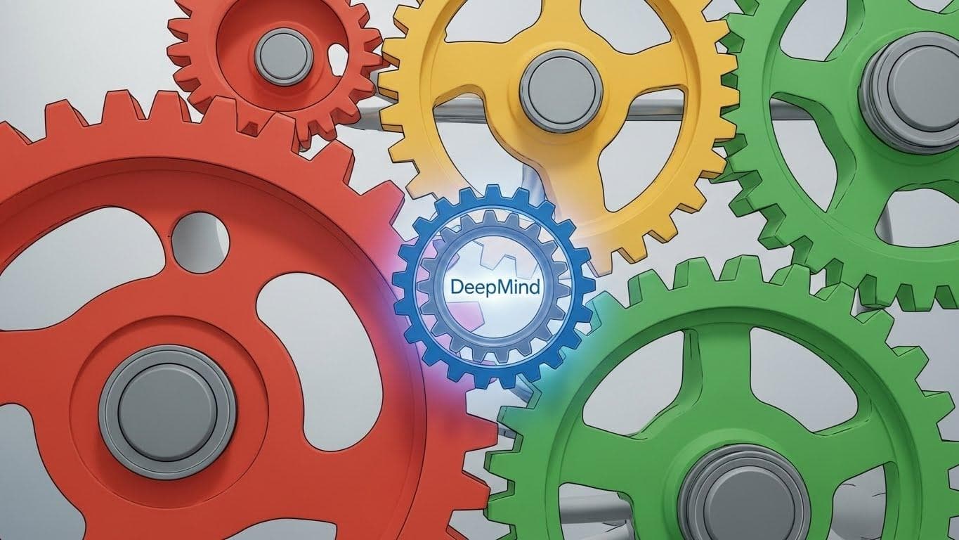 A small, intricate gear labeled 'DeepMind' seamlessly meshing with a vast, complex machine labeled 'Google', symbolizing a smooth and powerful integration of talent and resources.