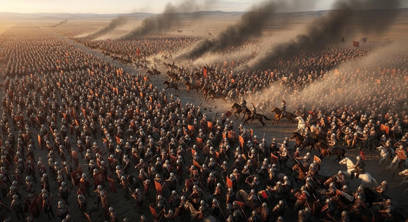 A wide, chaotic battlefield scene. In the center, disciplined Roman infantry in red tunics are being overwhelmed and broken by a massive charge of heavy Gothic cavalry on their flank. The sky is dark with smoke and dust.