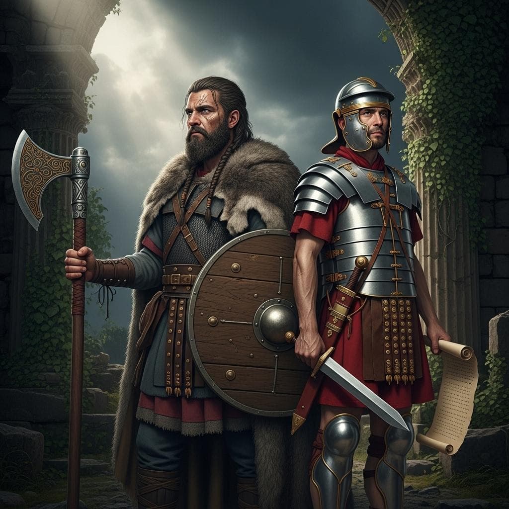 A group of fierce Gothic warriors, distinguished by their unique armor and banners, standing alongside a Roman legionary standard-bearer. The image symbolizes the uneasy alliance of the foederati system.