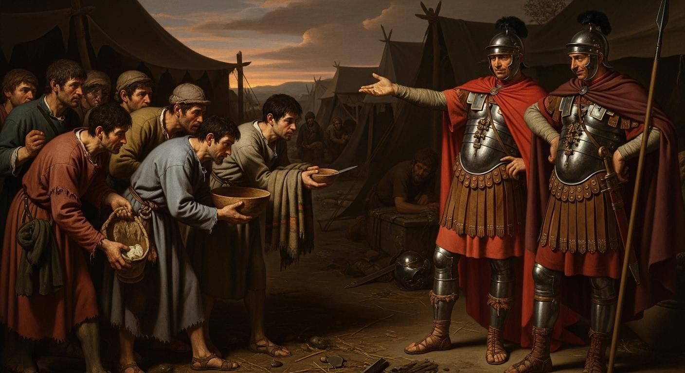A grim and somber scene depicting desperate Gothic families on the banks of a river, being forced by arrogant Roman officials in armor to trade their valuables for small amounts of food. The mood is one of exploitation and despair.