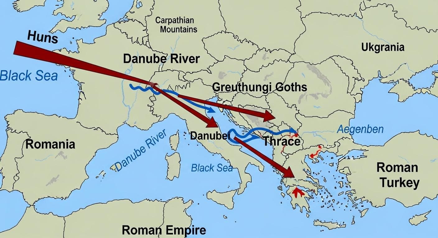 A strategic map of the late Roman Empire, showing the migration patterns of the Huns from the east pushing Gothic tribes (Thervingi and Greuthungi) towards the Danube River frontier, with arrows indicating their path into Roman territory in the Balkans.