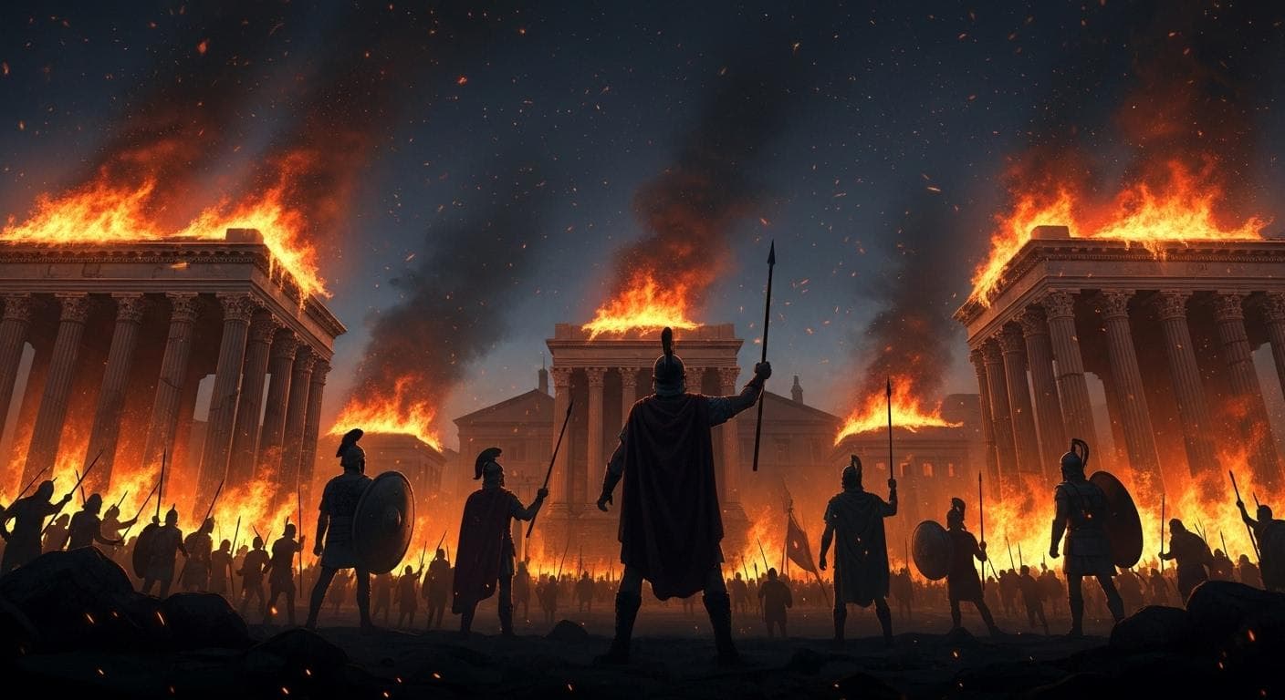 The burning cityscape of a grand classical Roman-style city at night. Silhouetted warriors are visible in the foreground, carrying torches and plundered goods through the streets as ancient temples crumble in the background.