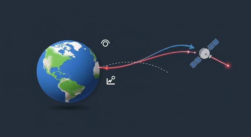 A clean infographic diagram of the GRACE satellites orbiting Earth, showing how their distance changes over gravity anomalies.