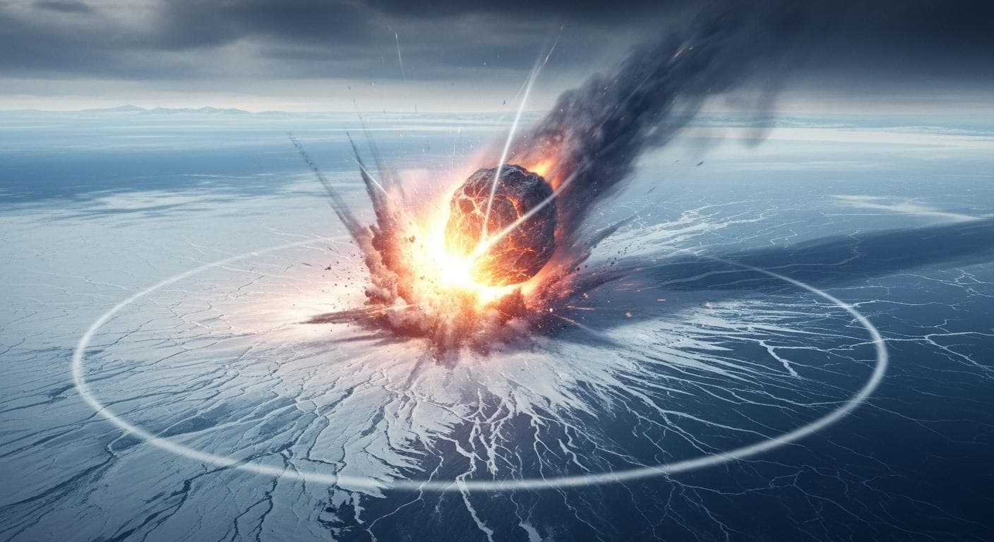 A dramatic Awe Shot of a massive comet fragment streaking through the atmosphere and impacting a vast continental ice sheet, sending a plume of ice and water vapor thousands of feet into the air.