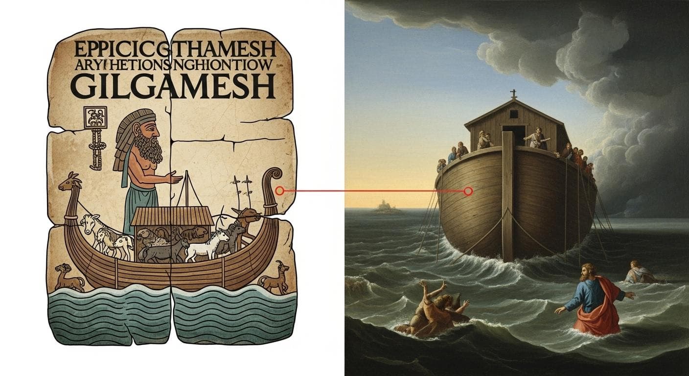A comparative illustration showing a cuneiform tablet with the Epic of Gilgamesh on one side and a classical painting of Noah's Ark on the other, visually connecting the two ancient flood narratives.