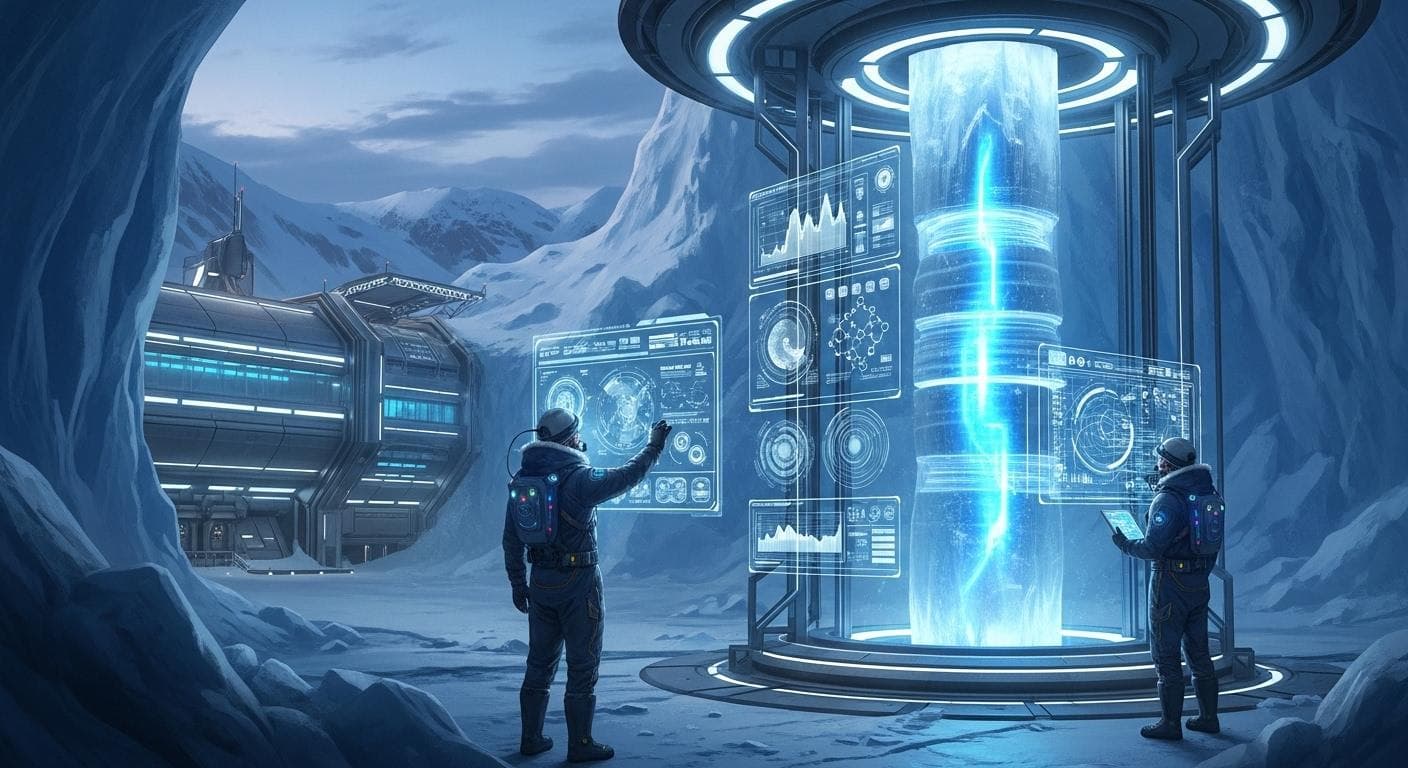 A futuristic scene depicting a team of geologists in advanced gear using holographic displays to analyze layers within a massive ice core sample in a polar research facility.
