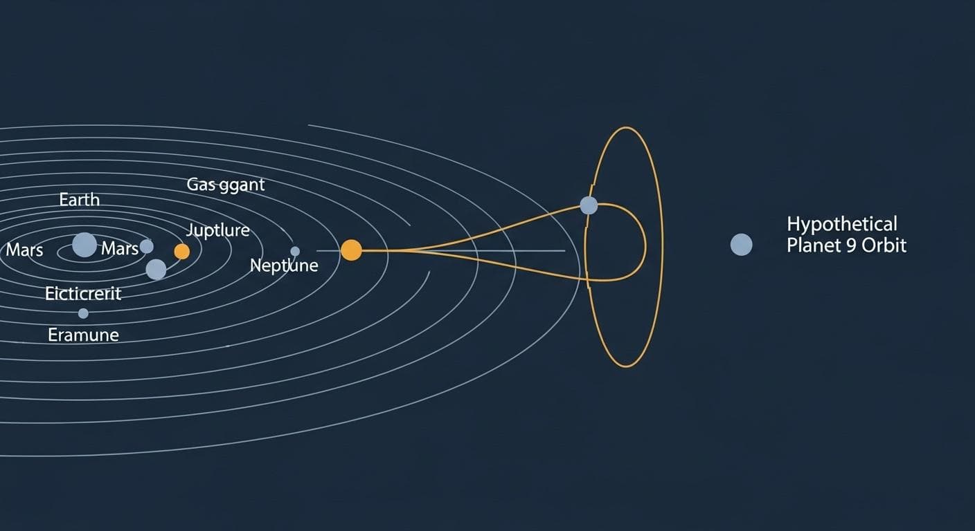A clean, modern scientific diagram of the solar system showing the highly elliptical orbit of a hypothetical Planet 9 far beyond Neptune, contrasted with the more circular orbits of the inner solar system planets.