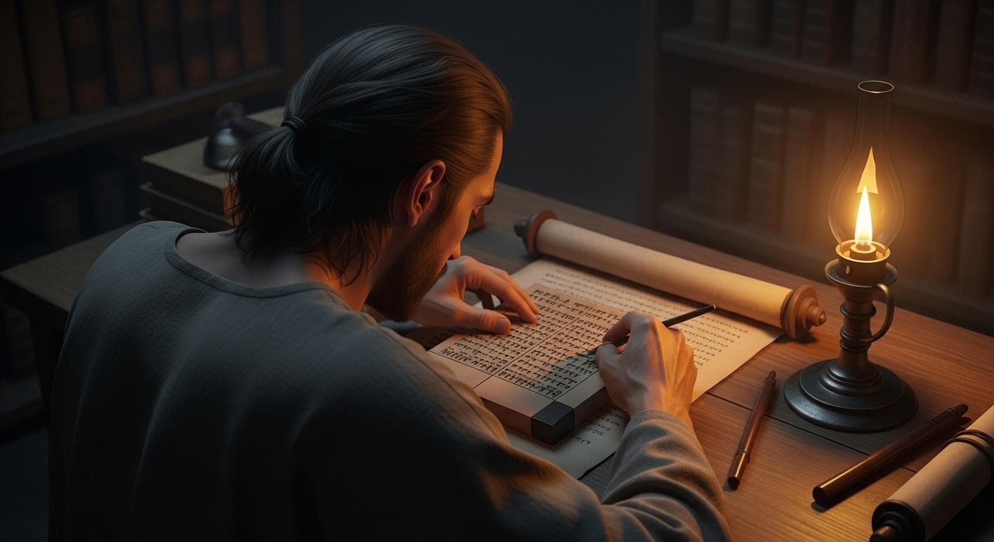 A thoughtful, conceptual portrait of an ancient scholar from behind, with long hair tied back, hunched over a wooden desk in a dimly lit, ancient library. He is intensely focused on translating intricate cuneiform script from a clay tablet onto a scroll.