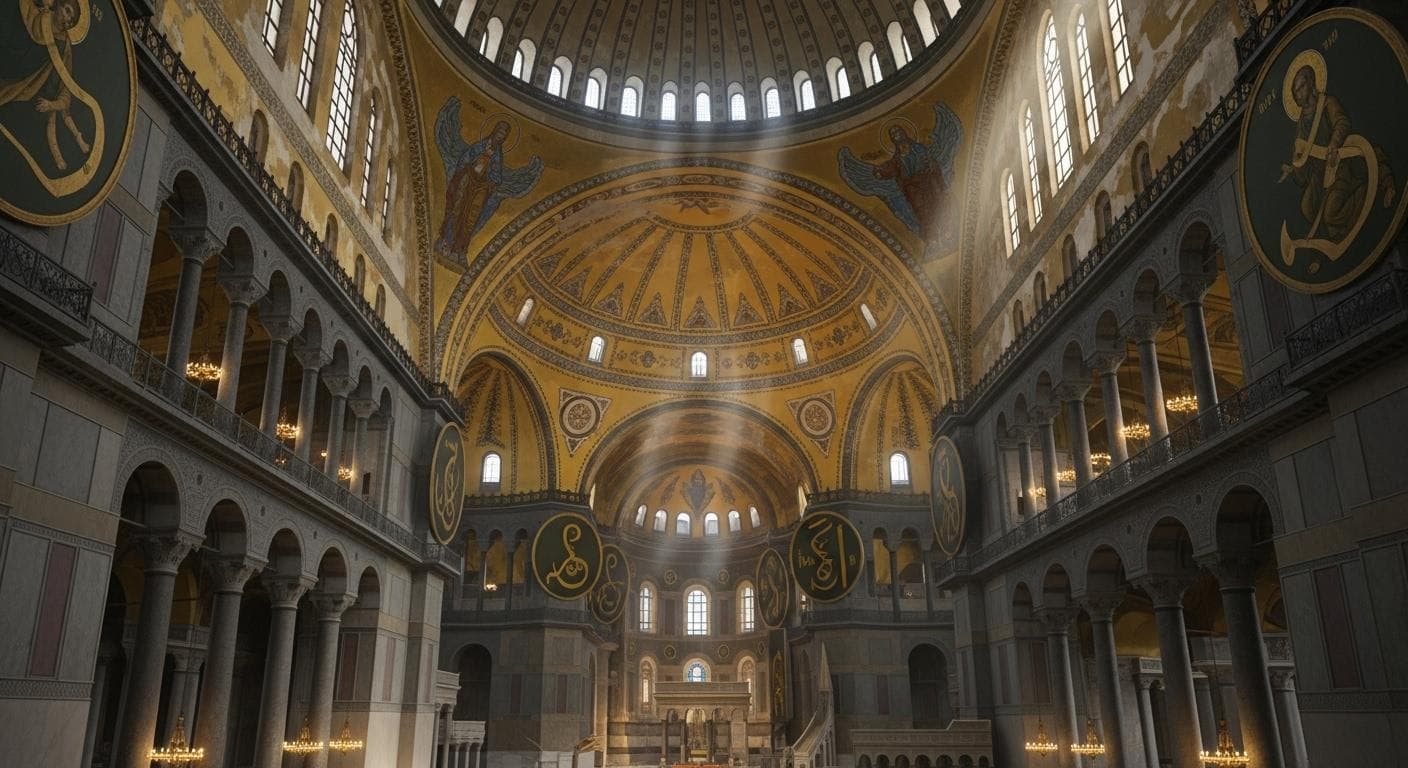 The vast, stunning interior of the Hagia Sophia, with golden light streaming from its massive central dome, evoking the shared Christian heritage that was shattered in 1054.
