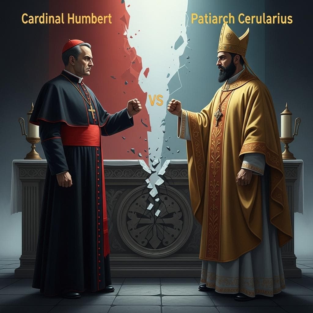 A dramatic, conceptual illustration of the clash between Cardinal Humbert and Patriarch Cerularius. A stern-faced cardinal in crimson Western vestments stands on one side of a fractured stone altar, while a determined patriarch in ornate golden Eastern vestments stands on the other.