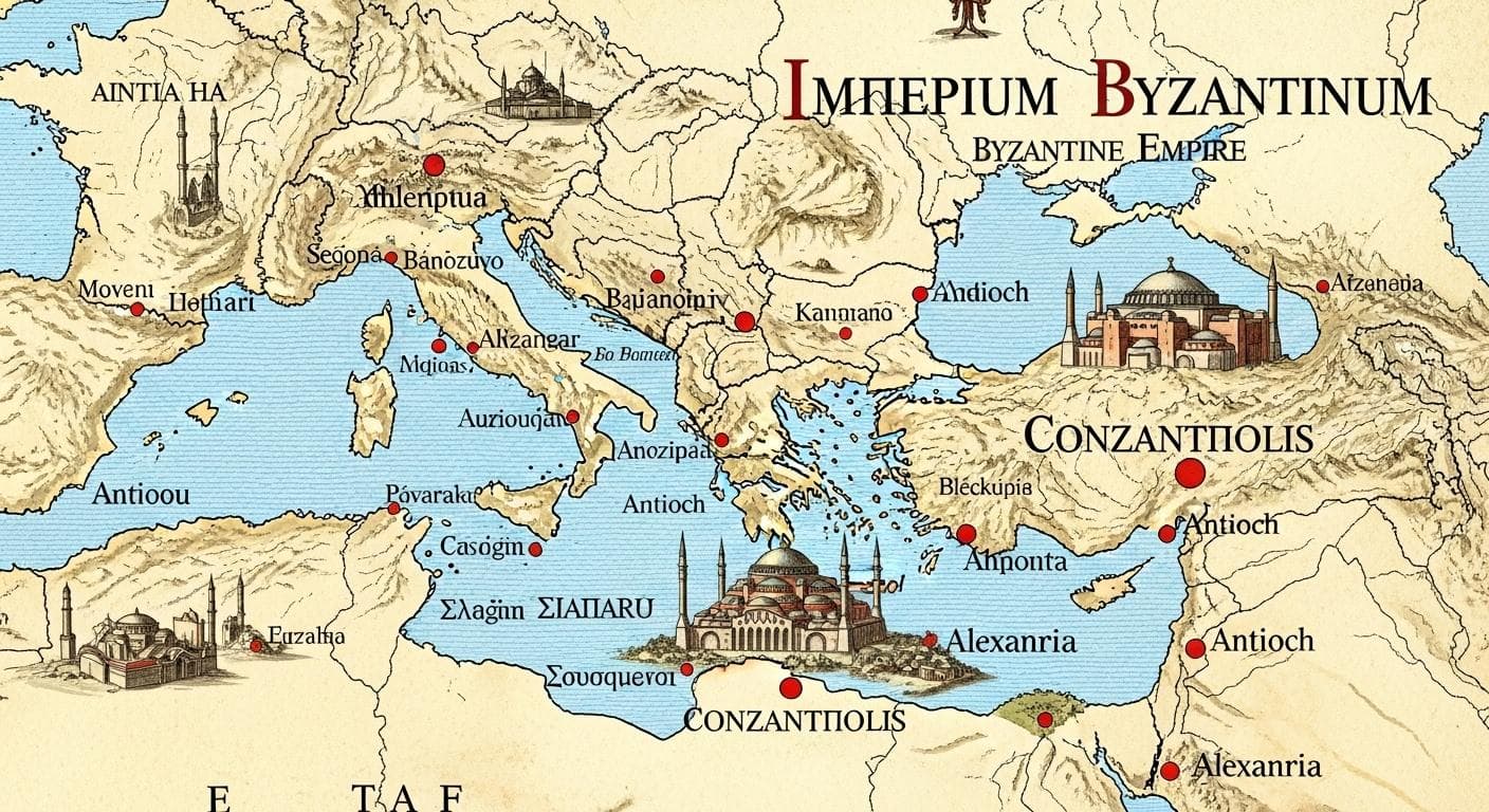 A stylized map from the 11th century showing the cultural and political divide between the Latin West, centered on Rome, and the Greek East, centered on Constantinople, highlighting the growing separation.