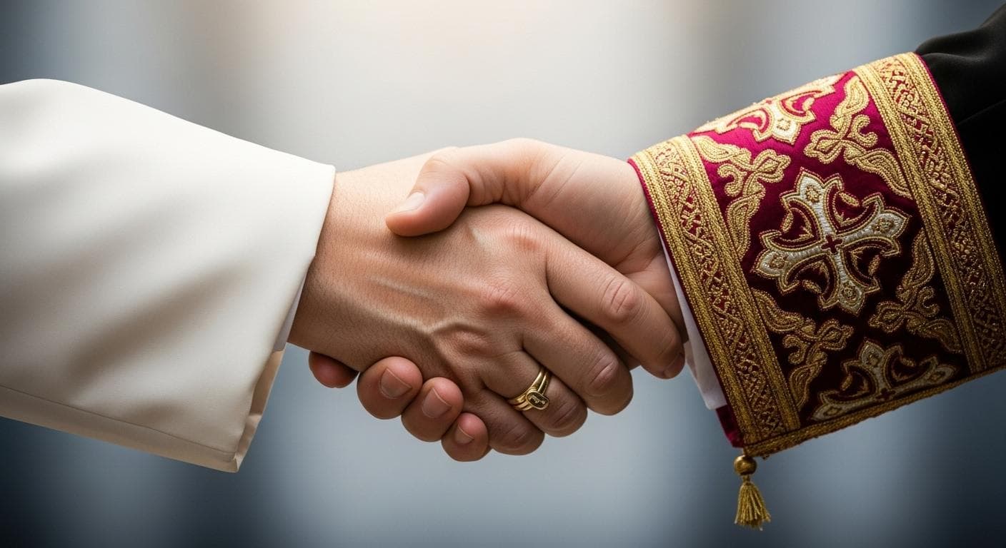 A modern, symbolic image showing the hands of a Catholic pontiff and an Orthodox patriarch clasped in a firm handshake, representing the historic 1965 lifting of the excommunications.