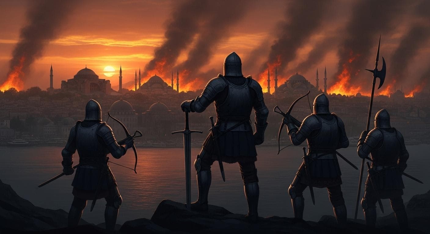 Silhouettes of medieval knights stand before the burning skyline of Constantinople during the Fourth Crusade in 1204, a pivotal moment that made the schism permanent.