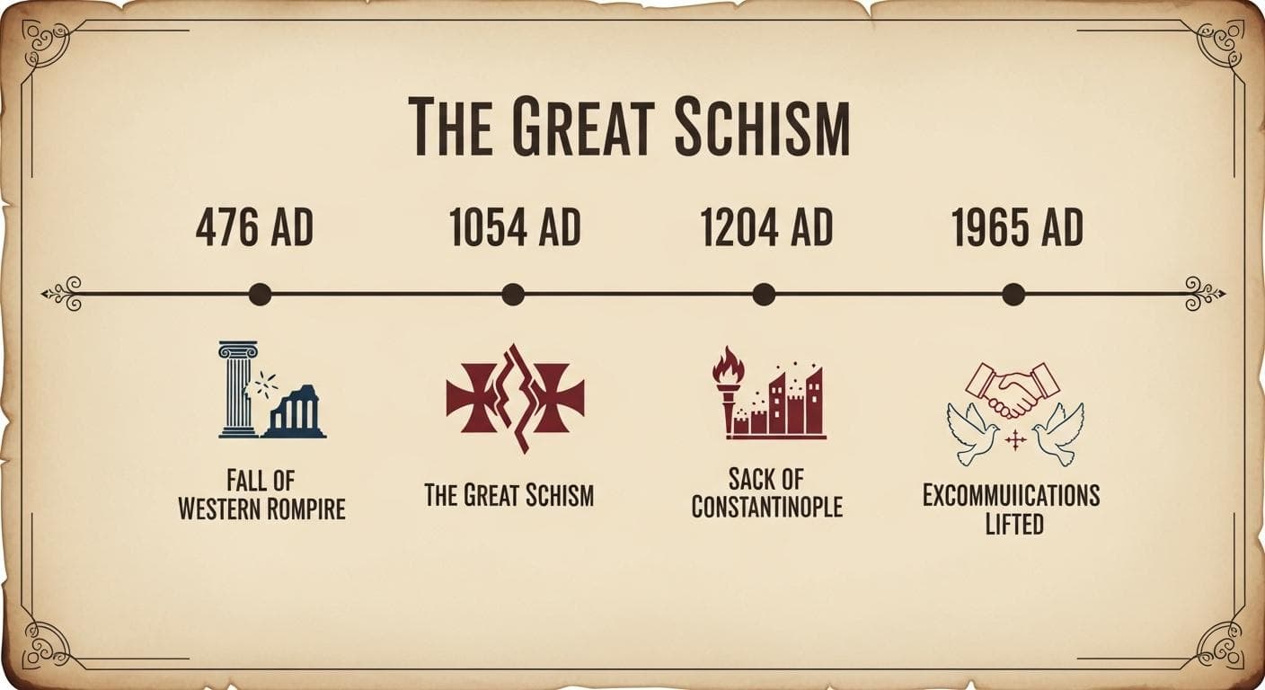 A timeline graphic on aged parchment showing key dates in the Great Schism: 476 AD (Fall of Western Roman Empire), 1054 AD (The Great Schism), 1204 AD (Sack of Constantinople), and 1965 AD (Excommunications Lifted).