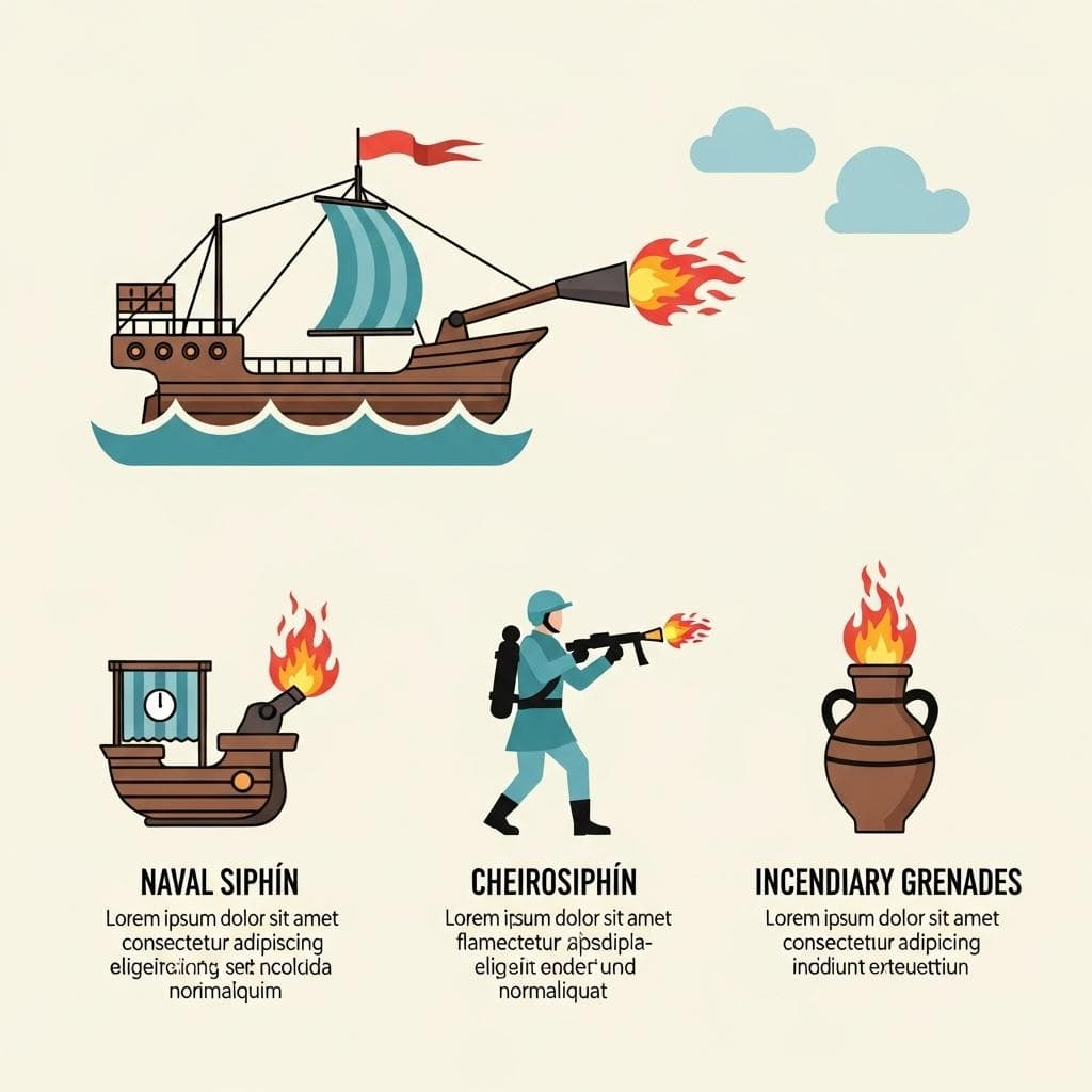 An infographic comparing the three main delivery systems for Greek Fire: the large ship-mounted naval siphōn, the smaller hand-held cheirosiphōn, and throwable clay grenades.