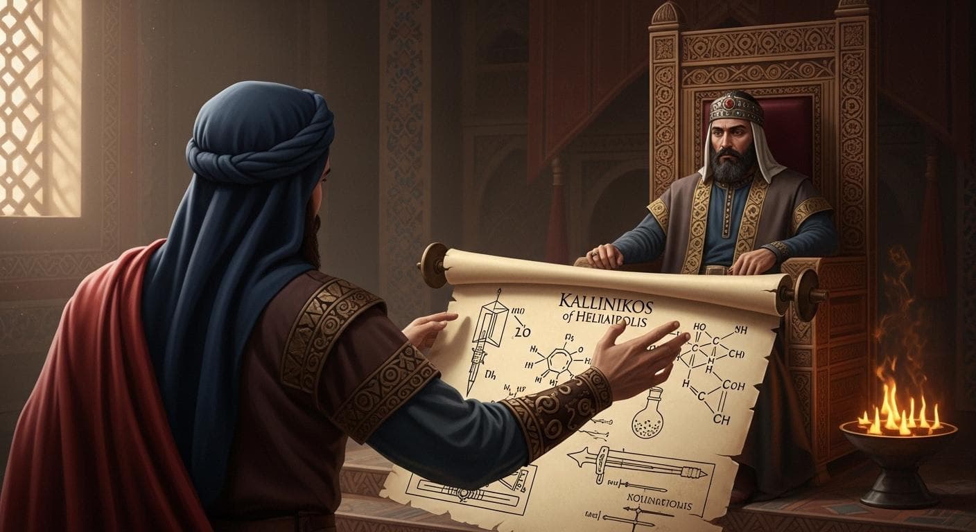 A conceptual image showing the chemist Kallinikos of Heliopolis, seen from behind, presenting a scroll with chemical formulas to the Byzantine emperor in a dimly lit, ornate throne room.
