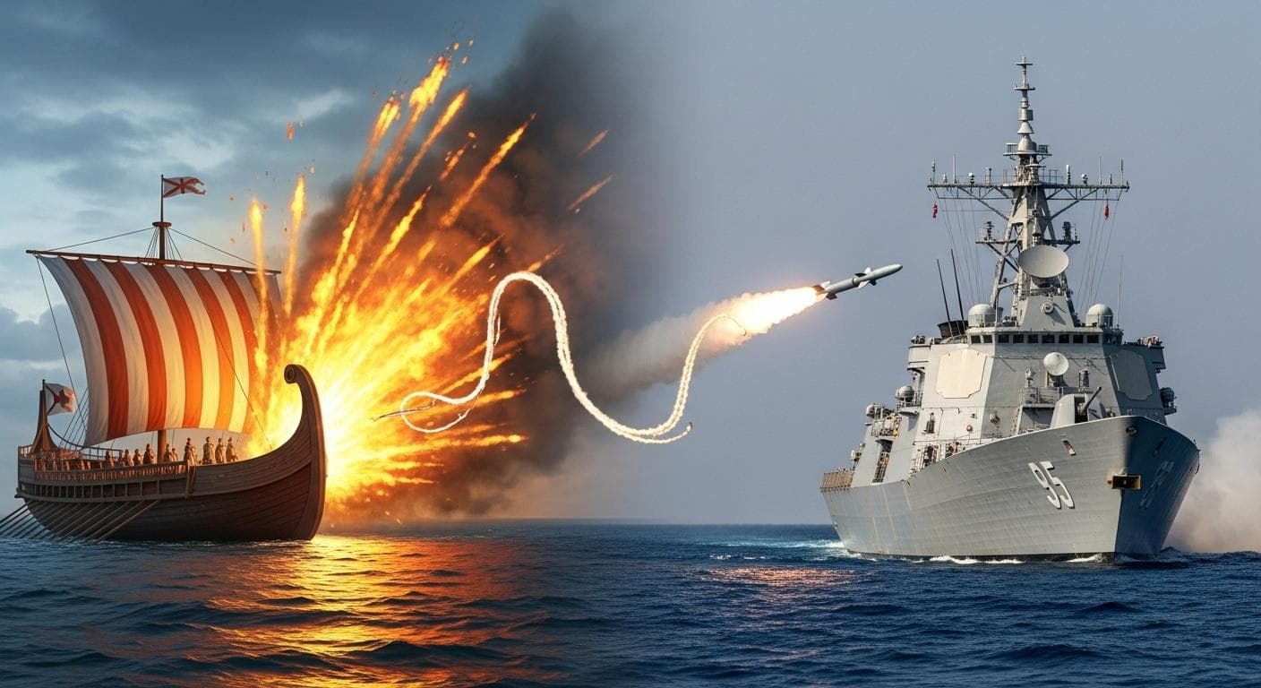 A symbolic split-screen image showing a Byzantine dromon firing Greek Fire on the left, transitioning into a modern naval destroyer launching a missile on the right, connected by a continuous trail of fire and smoke.