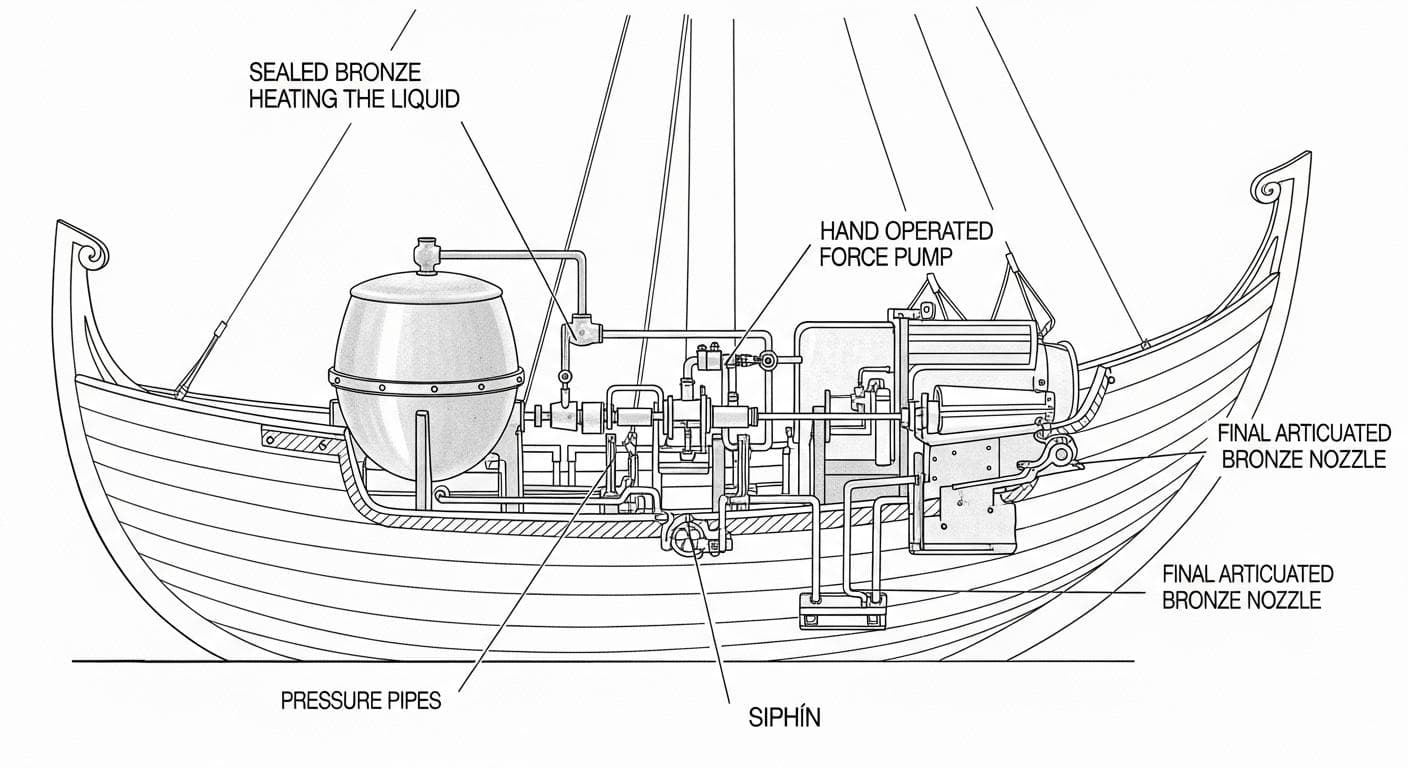 A detailed technical diagram illustrating the inner workings of a Byzantine naval siphōn, showing the cauldron, pump mechanism, and bronze nozzle mounted on the prow of a Dromon warship.