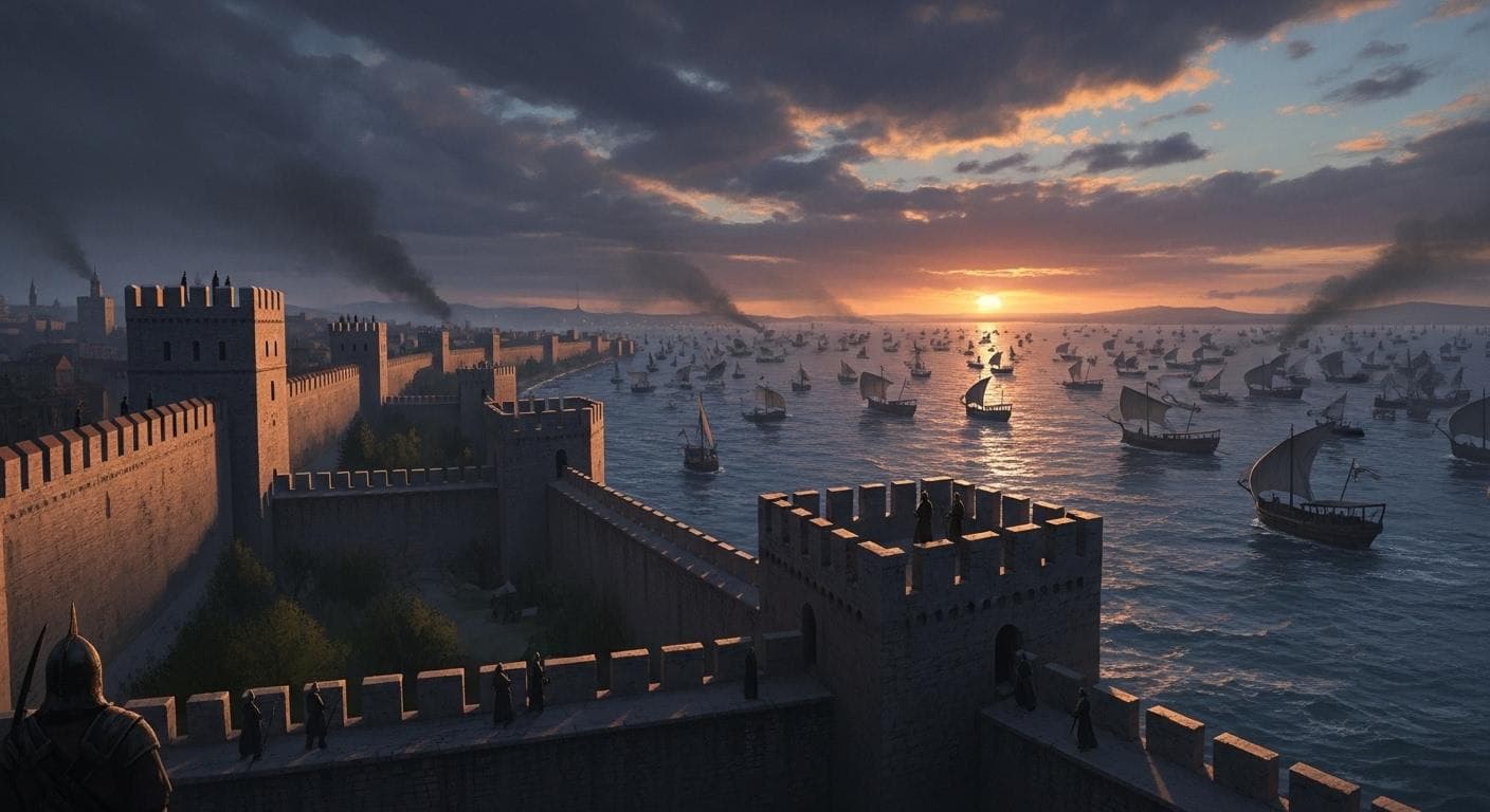 The majestic Theodosian Walls of Constantinople standing tall as a fleet of Arab ships attempts a siege in the Sea of Marmara, highlighting the strategic importance of the city's defenses.