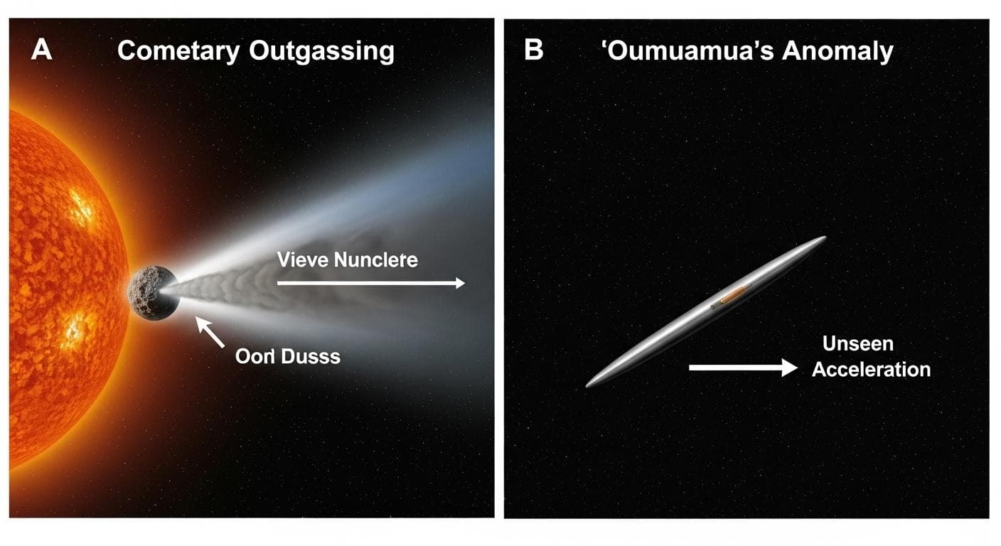 A diagram illustrating non-gravitational acceleration. One panel shows a traditional comet with a visible gas and dust tail providing thrust. The other panel shows 'Oumuamua accelerating without any visible tail, highlighting the scientific puzzle.
