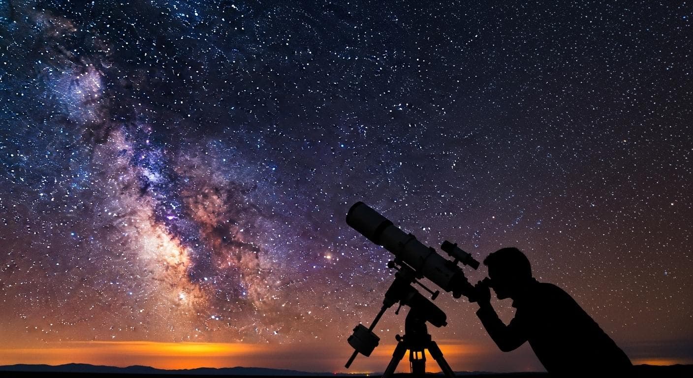 A dramatic silhouette of an amateur astronomer with a personal telescope pointed towards a vast, starry night sky, conveying a sense of personal discovery.