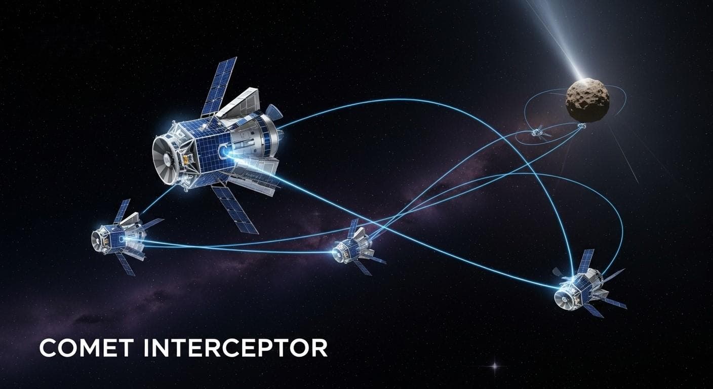 A conceptual diagram of the European Space Agency's Comet Interceptor mission, showing the main spacecraft releasing its two smaller probes to perform a multi-point flyby of a target comet or interstellar object.