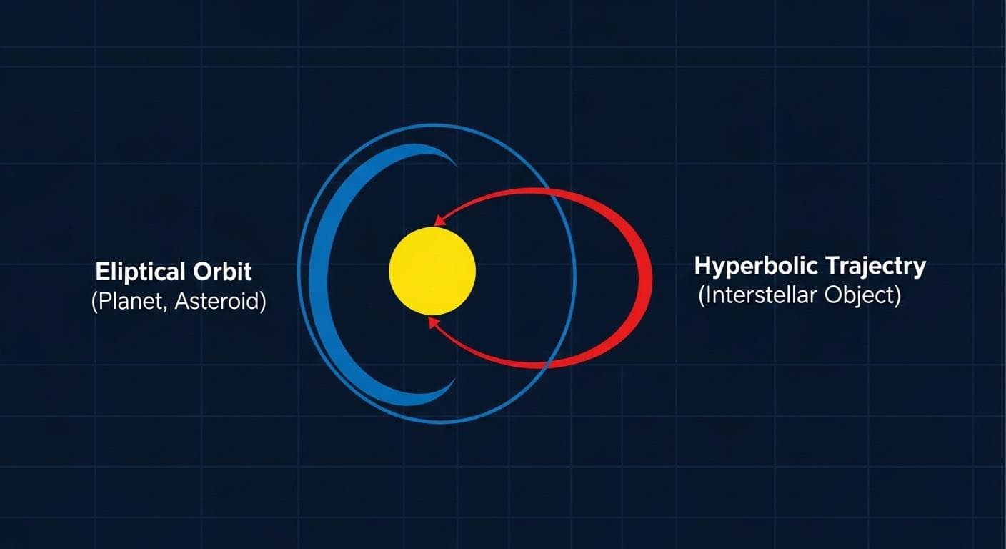 A scientific diagram explaining the difference between bound elliptical orbits within our solar system and the open-ended hyperbolic trajectory of an interstellar visitor.