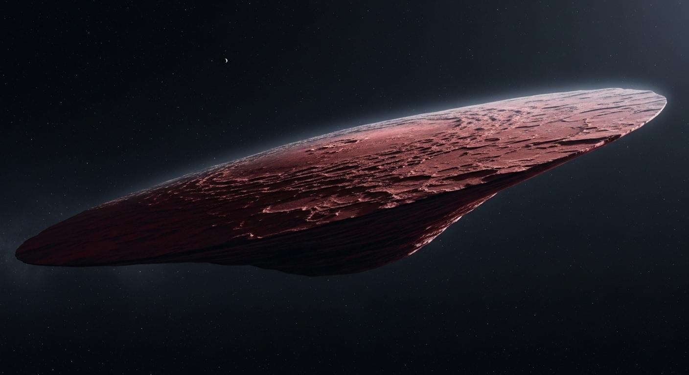 An artistic rendering of the bizarre, pancake-shaped 'Oumuamua, glowing with a faint reddish hue as it tumbles through the cold, dark void between stars.