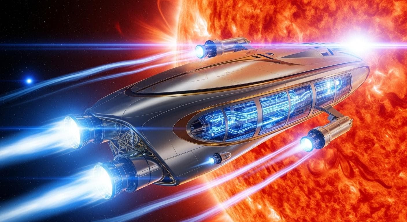 A futuristic space probe, representing Project Lyra, executing a powerful engine burn during a close solar flyby, using a gravity assist to slingshot itself towards a distant interstellar target.