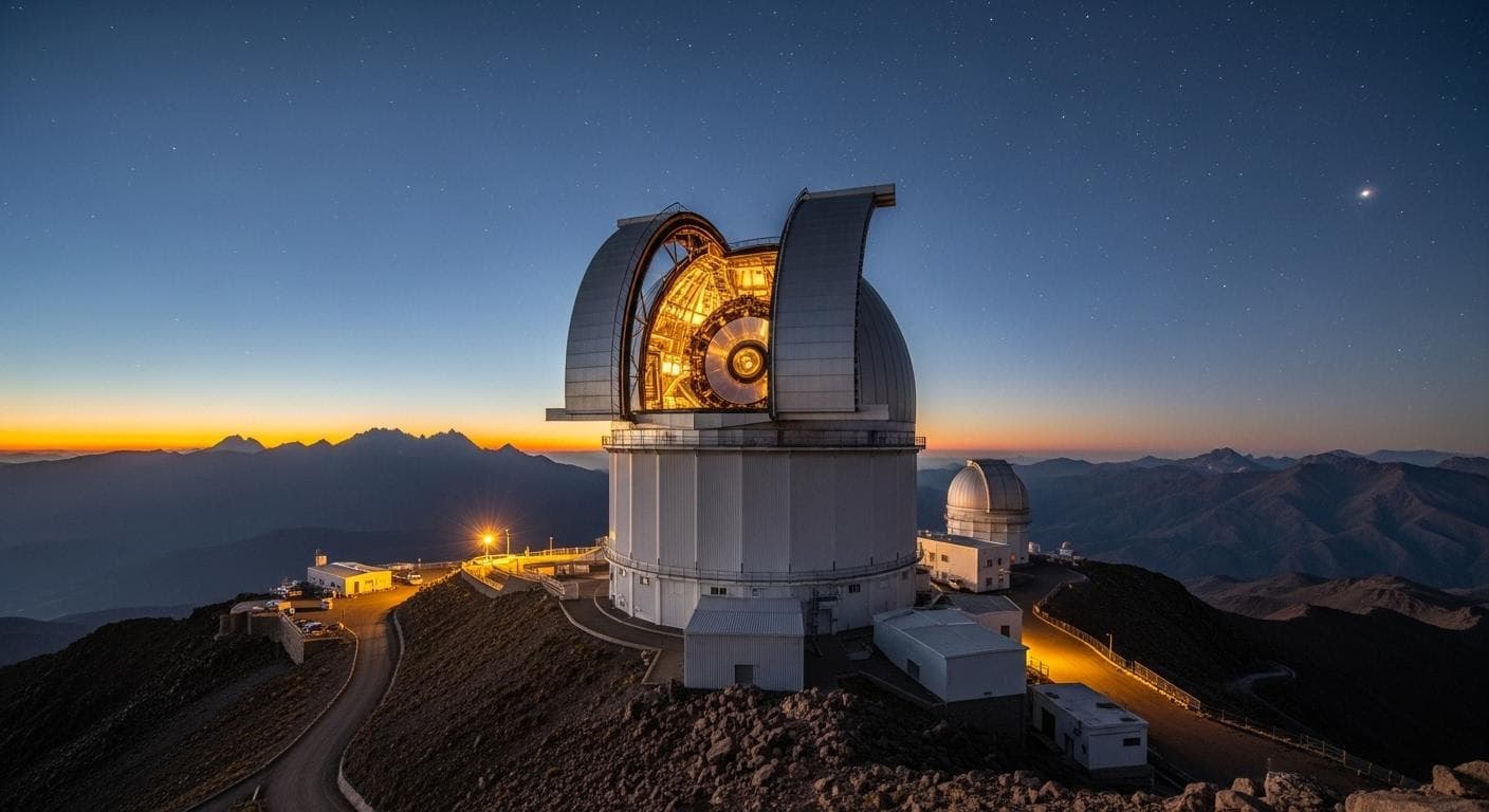 The dome of the Vera C. Rubin Observatory open at sunset on a remote mountaintop, with the first stars appearing in the twilight sky, symbolizing a new dawn of astronomical discovery.