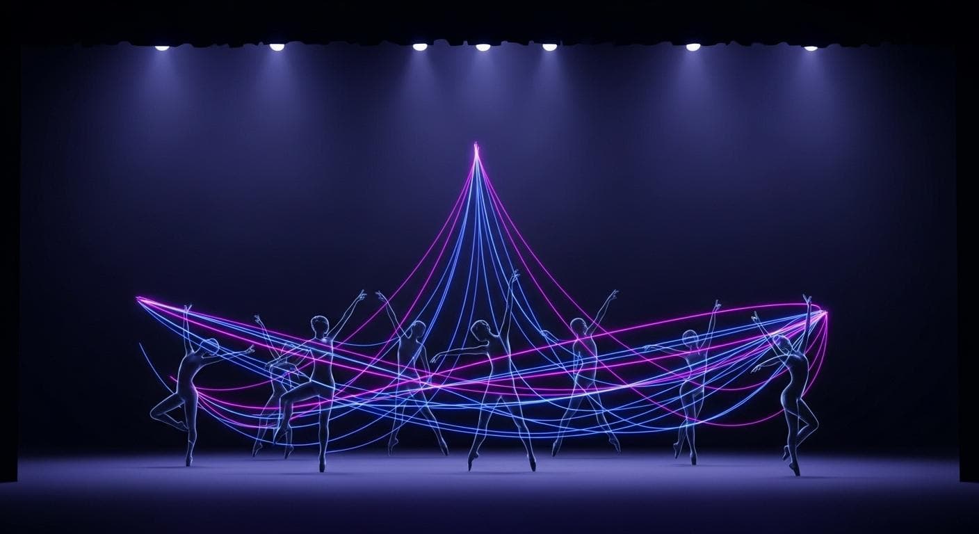 An abstract, elegant image of glowing light trails representing dancers moving across a dark stage, visually capturing the essence of the choreography planning app.