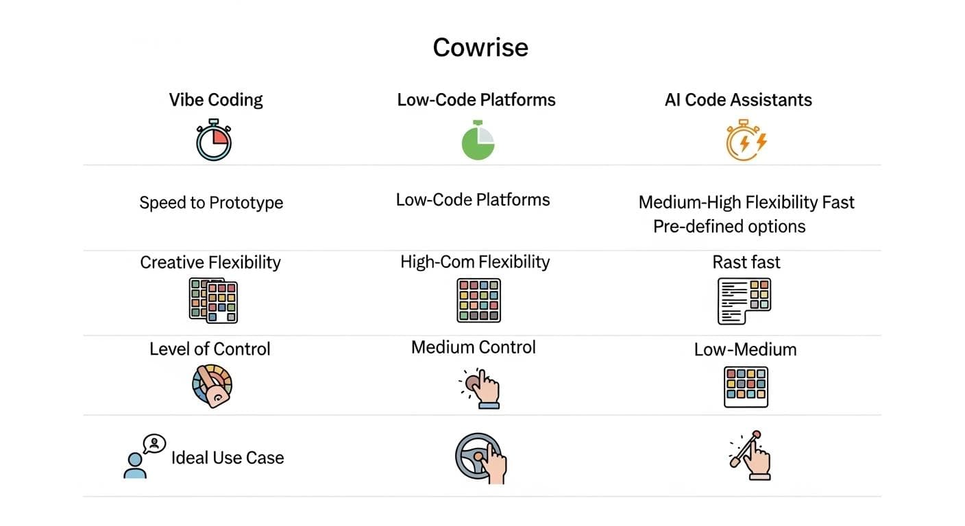 A visual comparison table graphic showing three columns for Vibe Coding, Low-Code Platforms, and AI Assistants, compared across rows like 'Speed to Prototype', 'Creative Flexibility', and 'Required Skillset'.