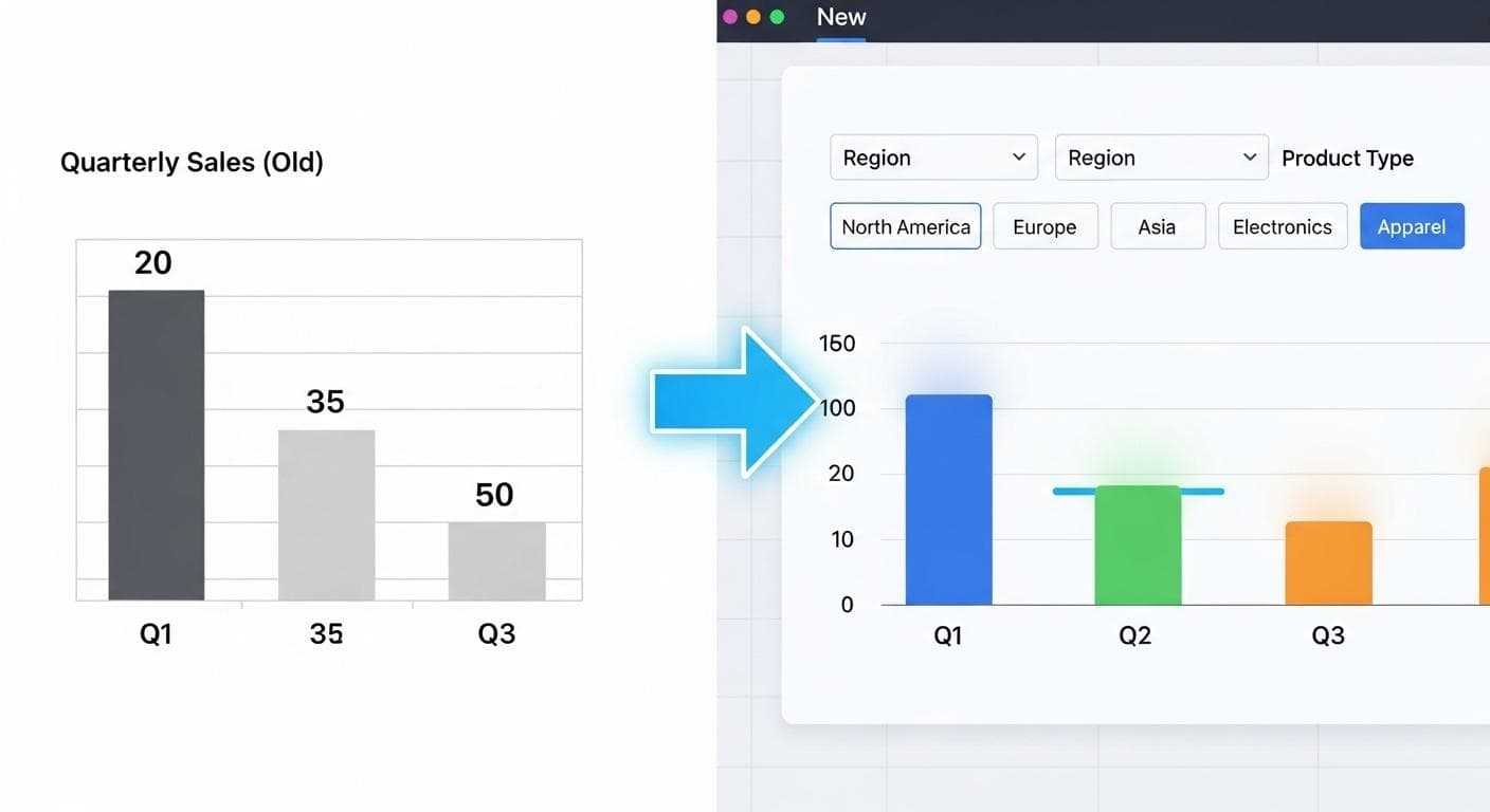 A side-by-side comparison. On the left, a static, boring bar chart. On the right, a dynamic, interactive web dashboard with filters, dropdowns, and highlighted data points, showing the transformation.