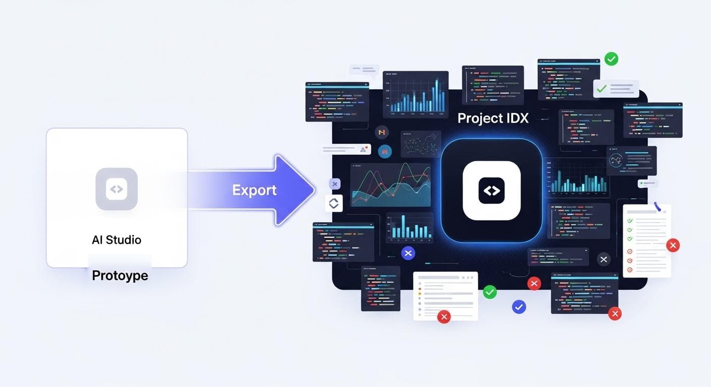 A futuristic diagram showing an app icon being teleported from the simple AI Studio environment on the left to the more complex, professional IDE of Project IDX on the right.