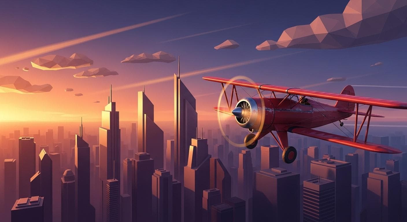 A cinematic, beautiful digital painting of a vintage red biplane flying through a stylized, futuristic city at sunset, evoking the feeling of a 3D game.