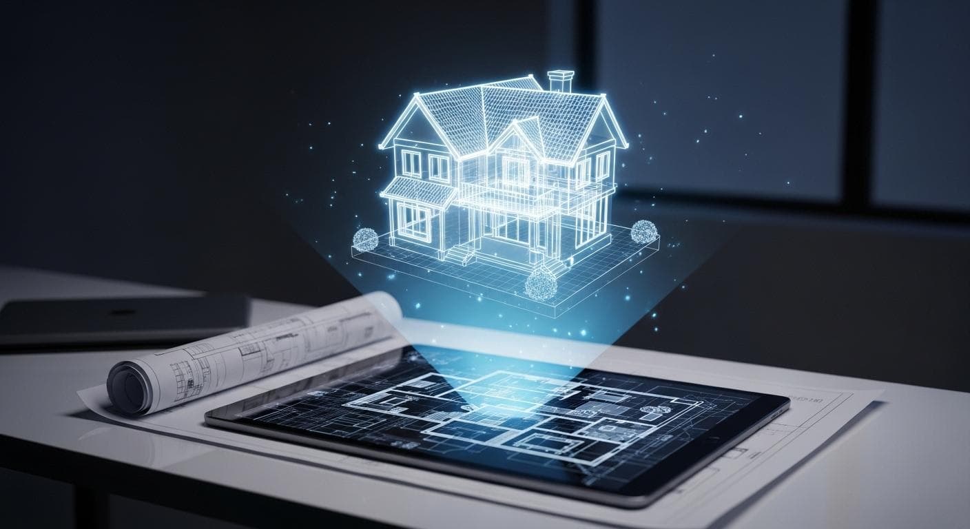 A conceptual image showing a 2D architectural blueprint on a tablet, with a glowing, interactive 3D model of the house being projected above it, illustrating the multimodal process.